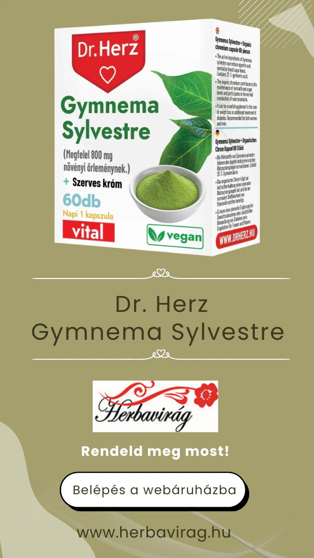 Dr. Herz Gymnema sylvestre étrend-kiegészítő doboz zöld leveles grafikával, tálkában lévő porral és vegán jelöléssel.